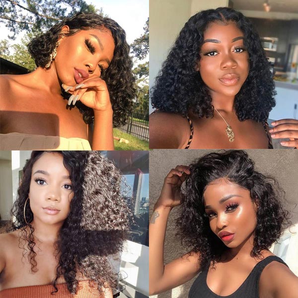 Deep Wave Bob Wig Blunt Cut Lace Front Wig 10A Human Hair Natural Color