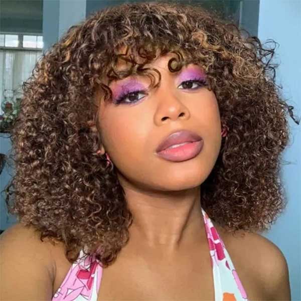 Highlight Human Hair Curly Bob Wig With Bangs