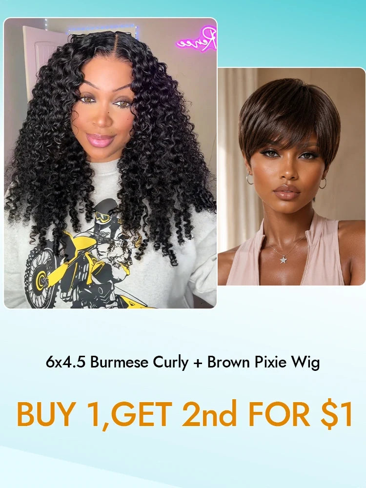 2nd Wig Only $1 | Burmese Curly 6x4.5 Lace Wig Glueless Human Hair and Brown Pixie Short Wig