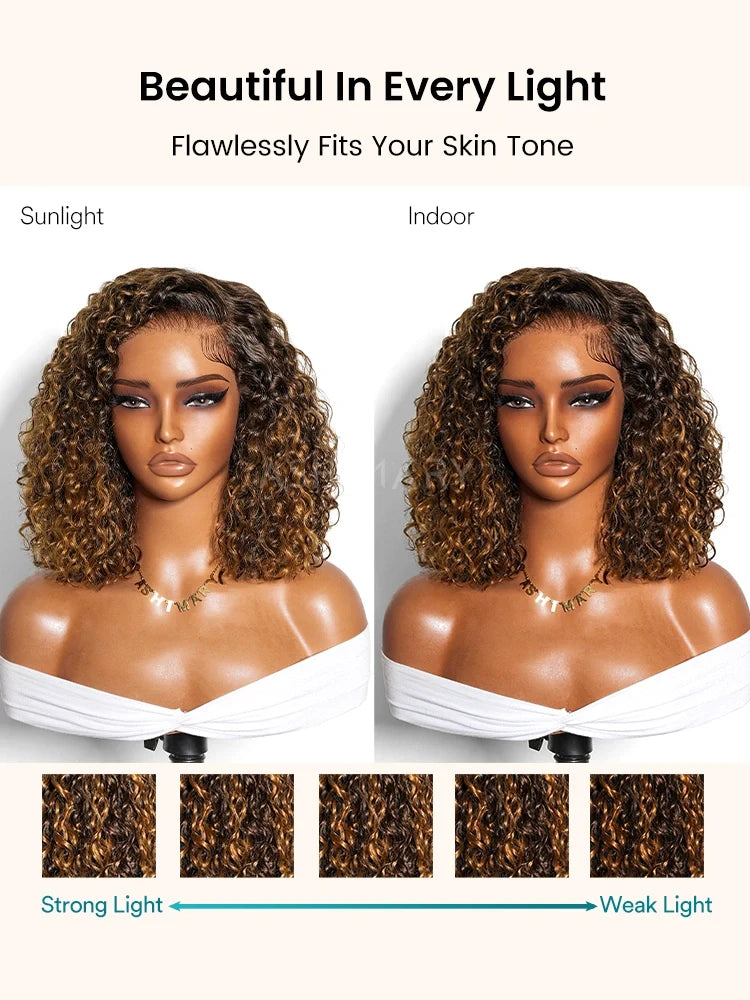 Brown Highlight Ombre Water Wave Bob 7x5 Lace Pull Go Wig C Side Part Pre-Everything Human Hair 70% Off