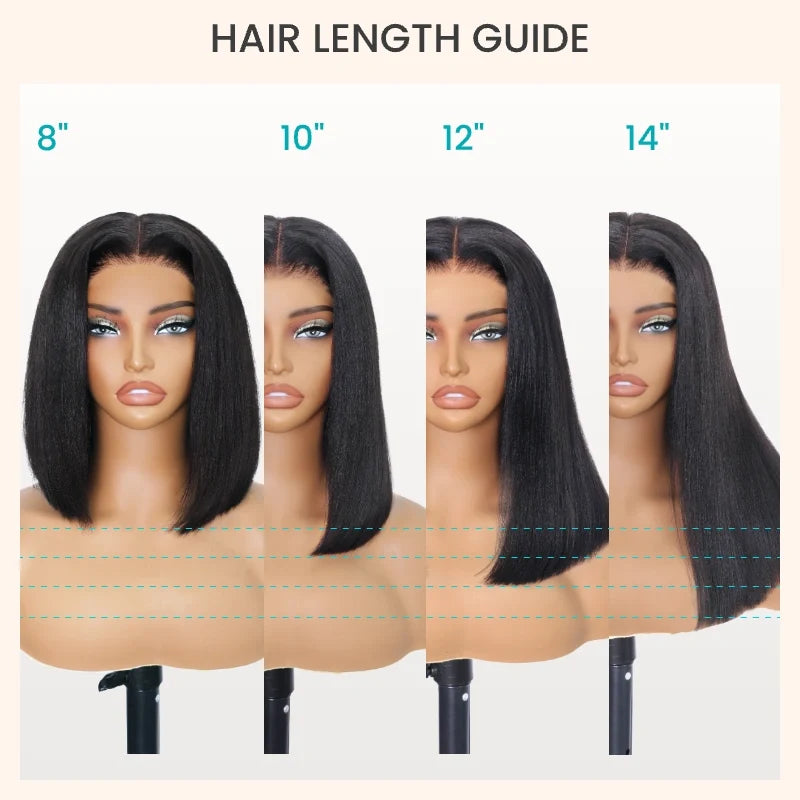 Layered Cut Yaki Straight Glueless Pull Go 13x4 Lace Frontal Bob Wig With Side Swept Bangs Put On And Go Double Drawn Human Hair Wig with Drawstring