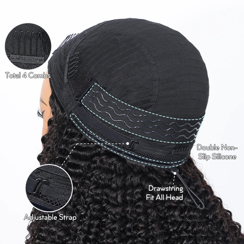 Blonde Highlight Kinky Curly QuickCurl Drawstring Half Wig Human Hair Curly 3 In 1 Half Wig