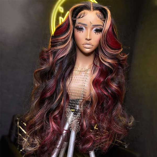 Ashimary burgundy hair with blonde highlights 13x4 HD Transparent lace wigs online for sale