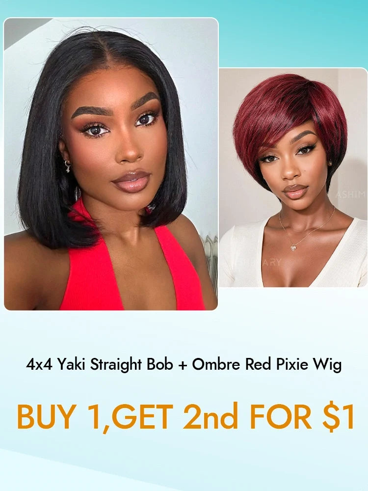 2nd Wig Only $1 | Yaki Straight 4x4 Lace Bob Wig Natural Hairline and Ombre Pixie Glueless Wig