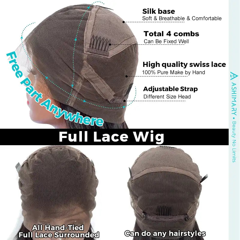 Full Lace Wig Brazilian Human Hair Straight Hair Full Scalp Lace Wigs Natural Color 250% Density
