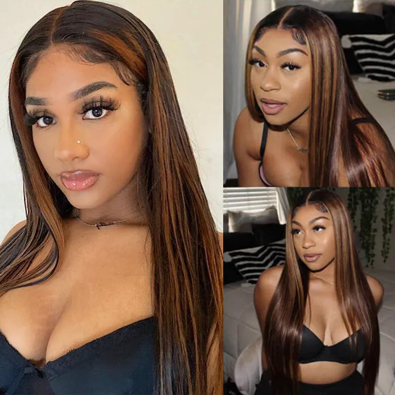 1B/30 Highlight Straight Human Hair 13x4 Lace Front Wigs For Women