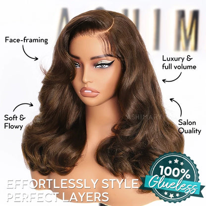 Glueless Pre-Styled Body Wave  Bob Wig Chocolate Brown Ready To Go Layer Wavy Human Hair Wig With Baby Hair