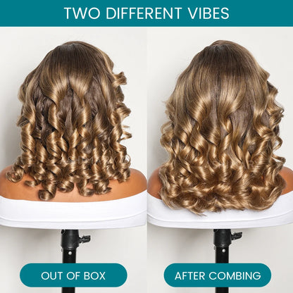 Balayage Honey Brown Highlight Pre-Styled Bouncy Body Wave Ready To Go Glueless Layer Wavy Bob Wig With Baby Hair