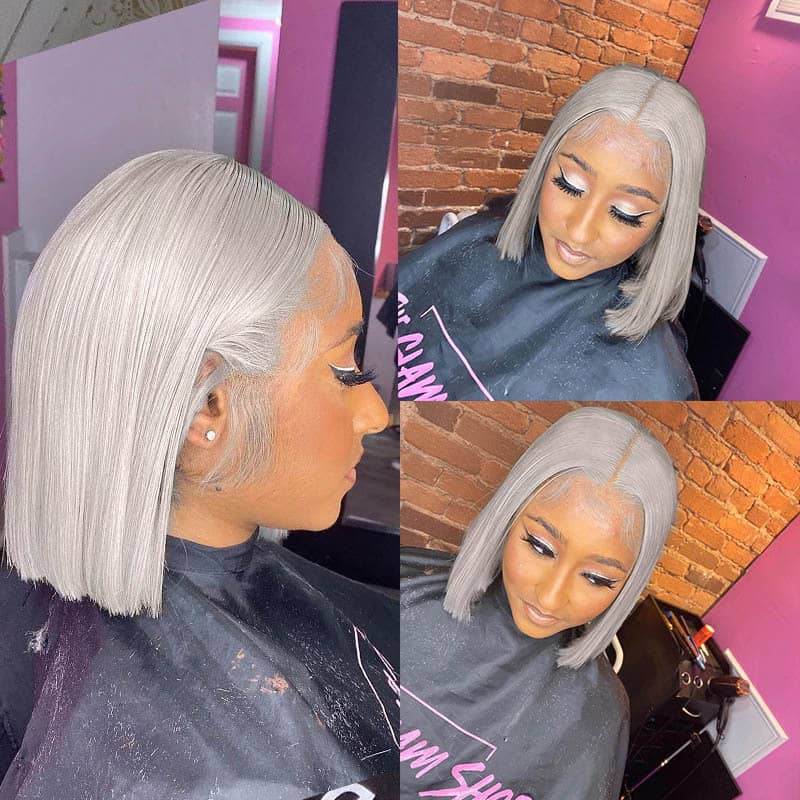 Silver Gray Short Bob Wig Transparent Lace Wig Human Hair