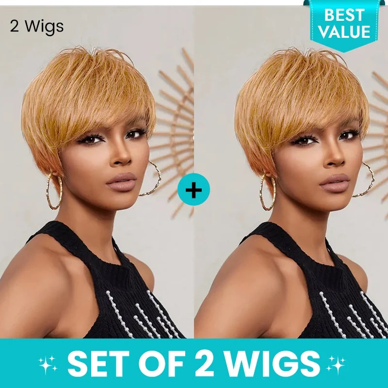 Pixie Cut Short Hair Blonde Ombre Human Hair With Bangs Straight Layered Wigs No Lace Bob Style
