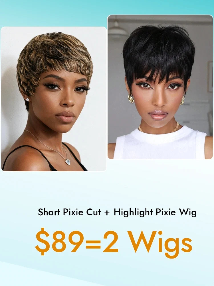 2 Wigs=$89 | Short Pixie Cut Glueless Human Hair Wig + Glueless Highlight Pixie Cut Wig