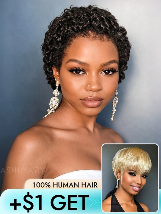 2nd Wig Only $1 | Kinky Edges 13x4 Lace Front Wig Glueless Human Hair With Short Pixie Cut Curly