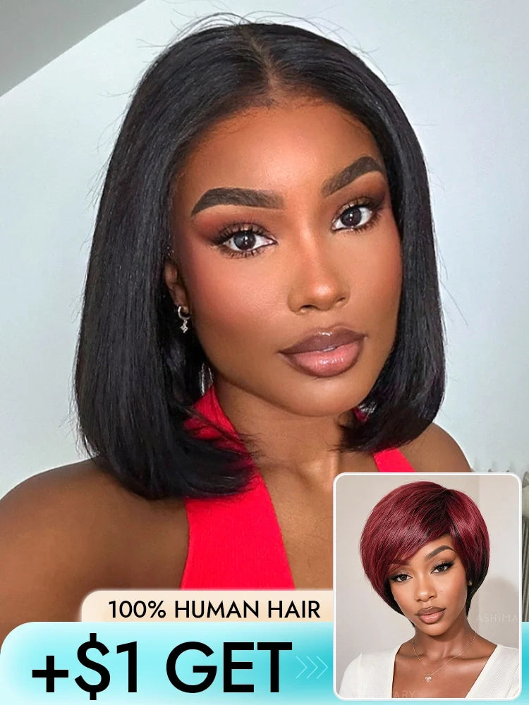 2nd Wig Only $1  | Yaki Straight 4x4 Lace Bob Wig Natural Hairline and Ombre Pixie Glueless Wig