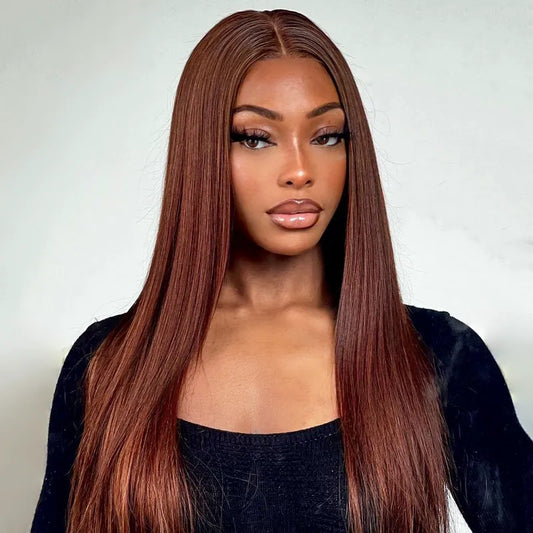 Reddish Brown Colored Straight Human Hair Lace Frontal Wigs 13x4 Transparent Lace Front Wigs Ashimary Virgin Hair