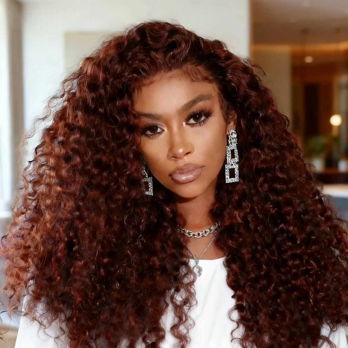 Reddish Brown Curly Wig 360 Melting Lace Frontal Invisi Strap Glueless Human Hair