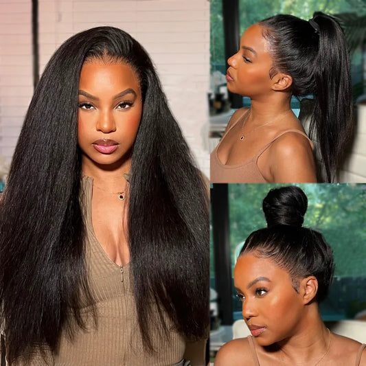 360 Lace Frontal Yaki Straight Wig Human Hair Pre Plucked Skin Lace Wig Light Yaki