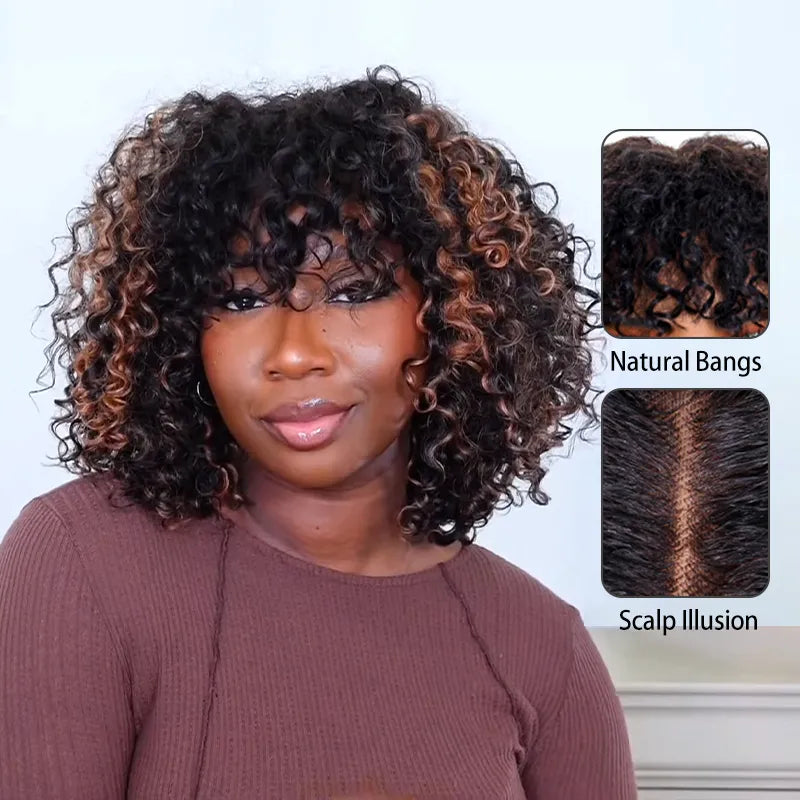 Pull Go 3x1 Scalp Illusion Wig with Natural Curly Bangs Highlight Kinky Curly Double Drawn Glueless Bob Wig