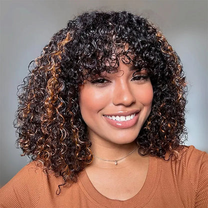 Pull Go 3x1 Scalp Illusion Wig with Natural Curly Bangs Highlight Kinky Curly Double Drawn Glueless Bob Wig