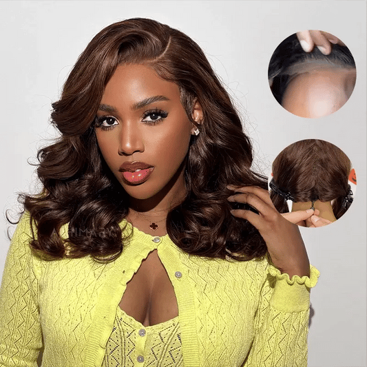 Glueless Pre-Styled Body Wave  Bob Wig Chocolate Brown Ready To Go Layer Wavy Human Hair Wig With Baby Hair