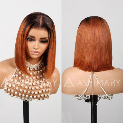 Pull Go 13x4 Lace Wig Ginger Ombre Silky Blunt Cut Glueless Bob Wig