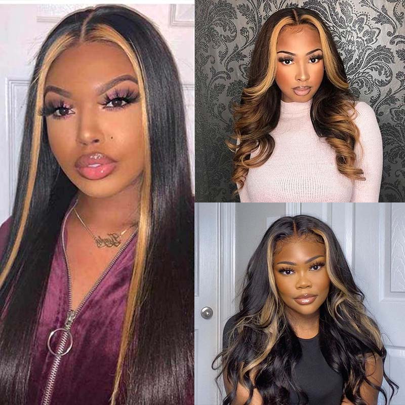 Ashimary Highlight Wigs Skunk Stripe Hair 4*4 13*4 Lace Front Wig 180% Straight Brazilian Human Hair