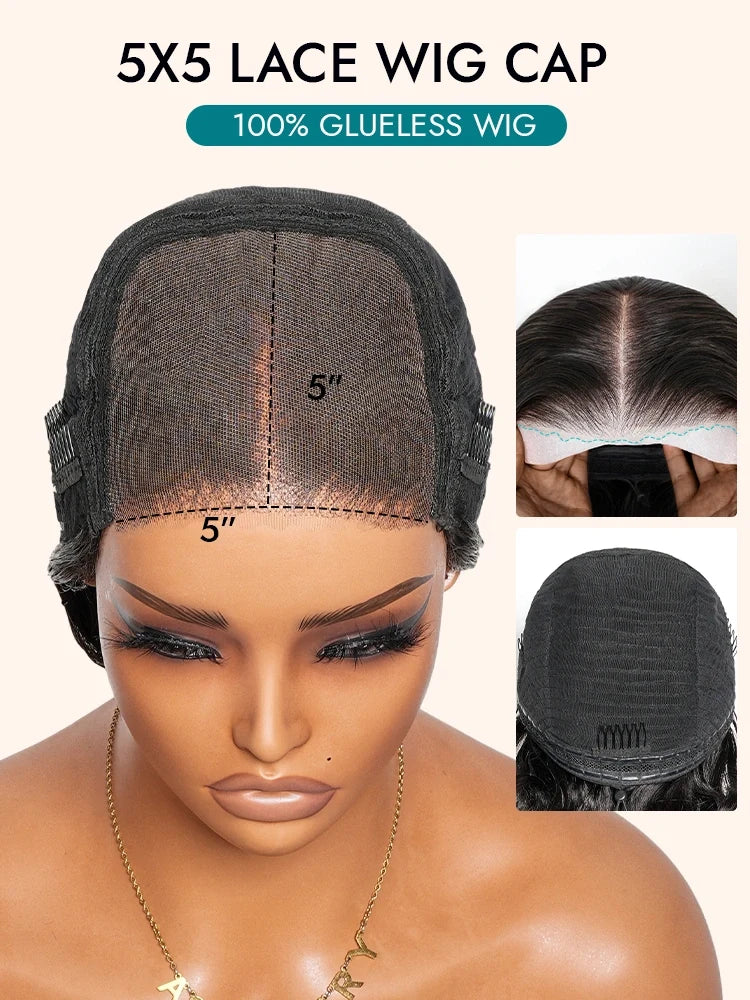 Layered Bouncy Curls 5x5 Lace Closure Wig Curtain Bangs Pre-Cut Lace Glueless Human Hair Wigs