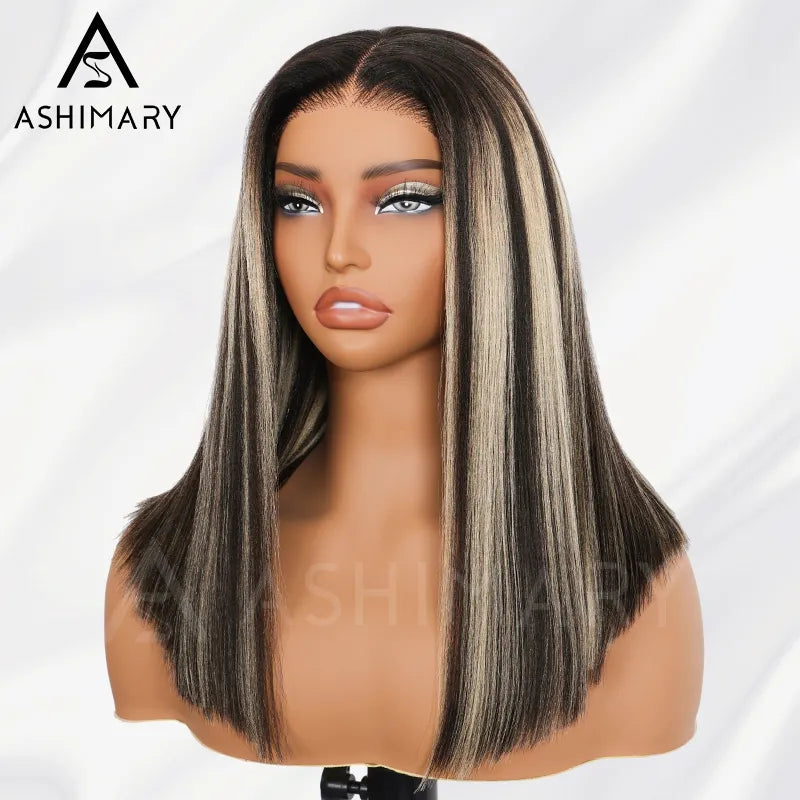 Pull Go 13x4 Lace Wig Blonde Highlights with Black Roots Yaki Straight Hair Pre-Cut Layered Optional Silk Press Golden Twilight Lace Wig