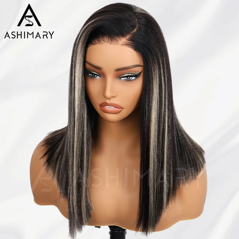 Pull Go 13x4 Lace Wig Blonde Highlights with Black Roots Yaki Straight Hair Pre-Cut Layered Optional Silk Press Golden Twilight Lace Wig