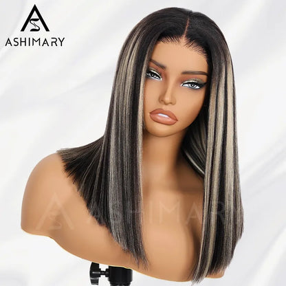 Pull Go 13x4 Lace Wig Blonde Highlights with Black Roots Yaki Straight Hair Pre-Cut Layered Optional Silk Press Golden Twilight Lace Wig