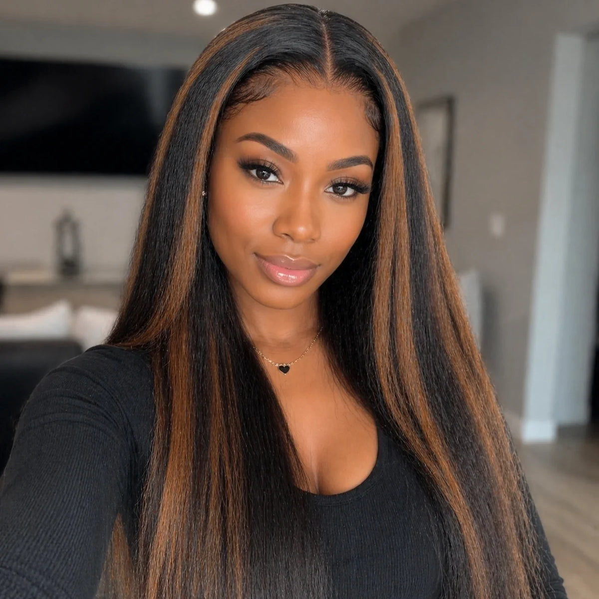 Yaki Straight Brown Highlight 7x5 StayLock™ Contour Structure 720° Snug Fit Glueless Wig Pre Everything Human Hair Wig