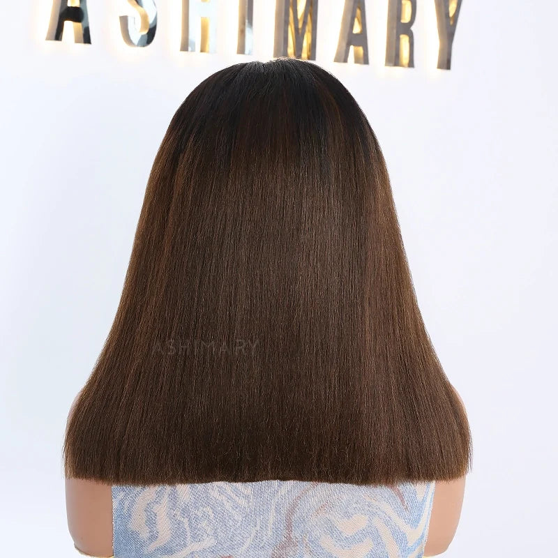 Chestnut Brown Soft Ombre Blend Pull Go 6x4.5 Lace Yaki Straight Wig Glueless Short Bob Beginner-Friendly