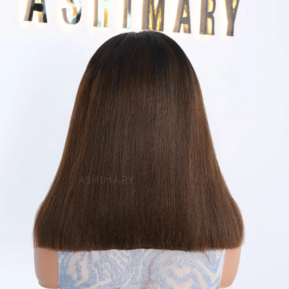 Chestnut Brown Soft Ombre Blend Pull Go 6x4.5 Lace Yaki Straight Wig Glueless Short Bob Beginner-Friendly
