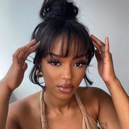 Ashimary Clip In Bang with Temples Hand-Tied Melt Lace Natural Black Straight Human Hair Extension