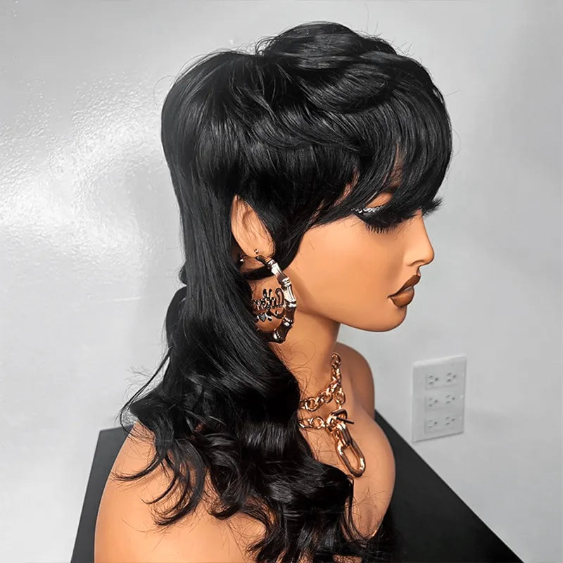 Pixie Cut Wavy Layered Mullet Wig Full Machine Made Human Hair Wig
