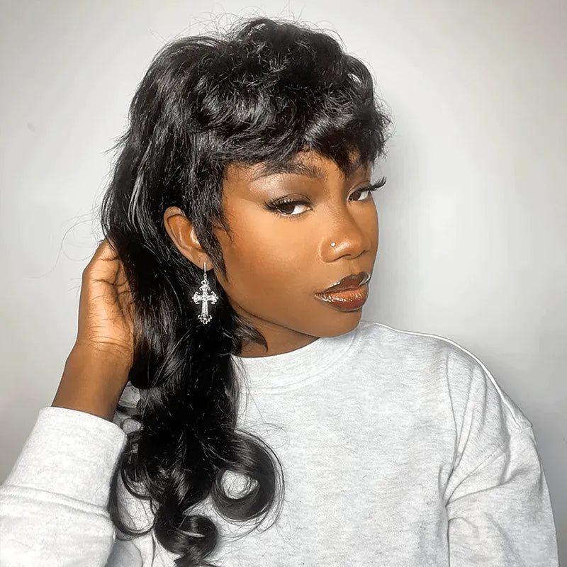 Pixie Cut Wavy Layered Mullet Wig Full Machine Made Human Hair Wig