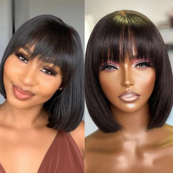 Flash Sale Realistic Look Pull Go Glueless Bob Wig With Bangs Human Hair Wig