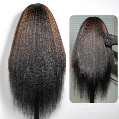 Kinky Straight Brown Highlight Invisi Strap 360 Skin Lace Frontal Glueless Wig Pre Everything Human Hair Wig