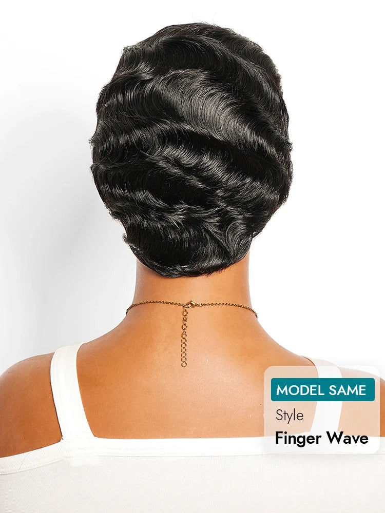 BOGO Finger Wave Pixie Pre-Styled Ready To Go Short Wig Human Hair