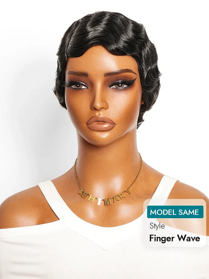 BOGO Finger Wave Pixie Pre-Styled Ready To Go Short Wig Human Hair