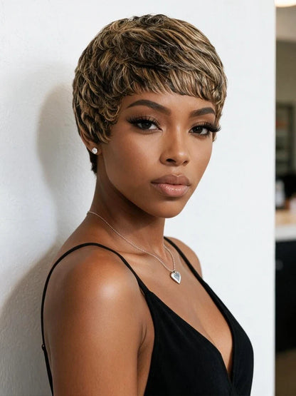 BOGO Highlight Short Pixie Cut Wigs For Women Feathered Layers Human Hair