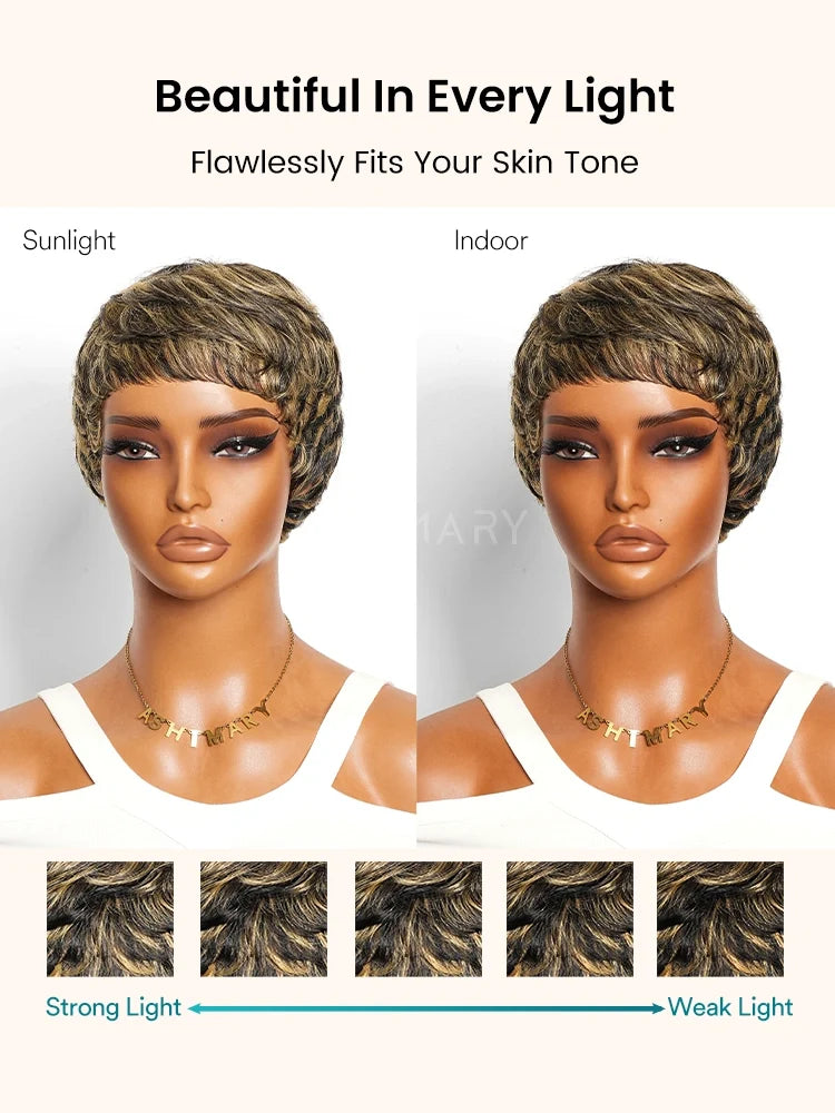 BOGO Highlight Short Pixie Cut Wigs For Women Feathered Layers Human Hair