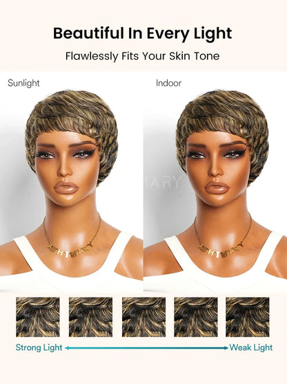 BOGO Highlight Short Pixie Cut Wigs For Women Feathered Layers Human Hair