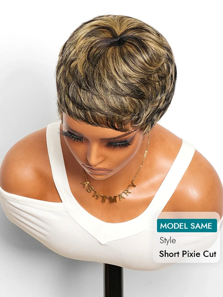 BOGO Highlight Short Pixie Cut Wigs For Women Feathered Layers Human Hair
