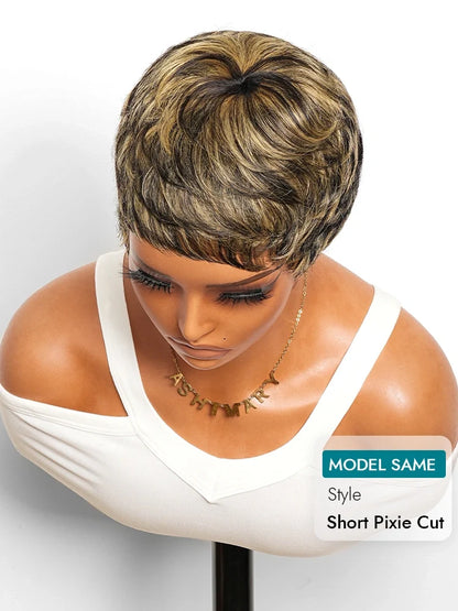 BOGO Highlight Short Pixie Cut Wigs For Women Feathered Layers Human Hair