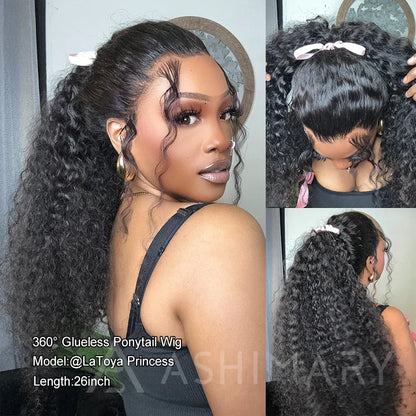 Pre-Styled Water Wave Ponytail with Spiral Curls Invisi Strap Snug Fit 360 Skin Lace Frontal Bleached Knots Glueless Wig