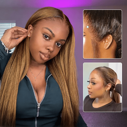Silky Straight Brown Highlight Ombre Pull Go 13x6 Full Lace Wig Glueless Wig Suits All Heads