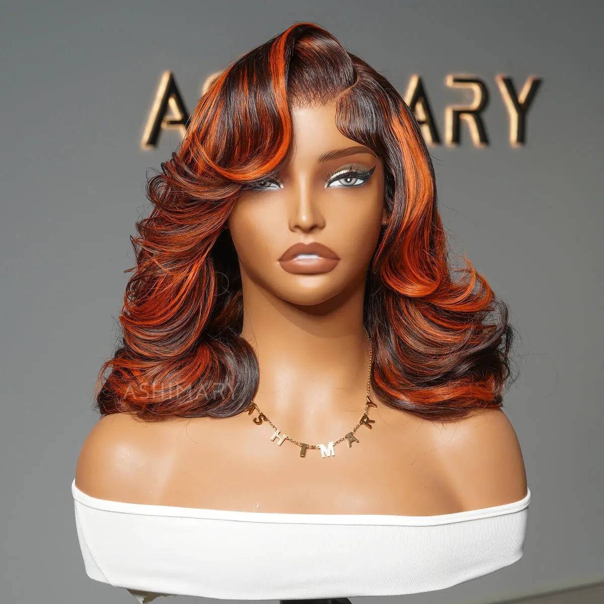 Ginger Highlight on Rich Brown Layer Cut Pre-Styled Body Wave Short Bob Wig Transparent Human Hair Wigs
