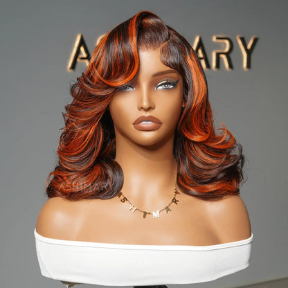 Ginger Highlight on Rich Brown Layer Cut Pre-Styled Body Wave Short Bob Wig Transparent Human Hair Wigs