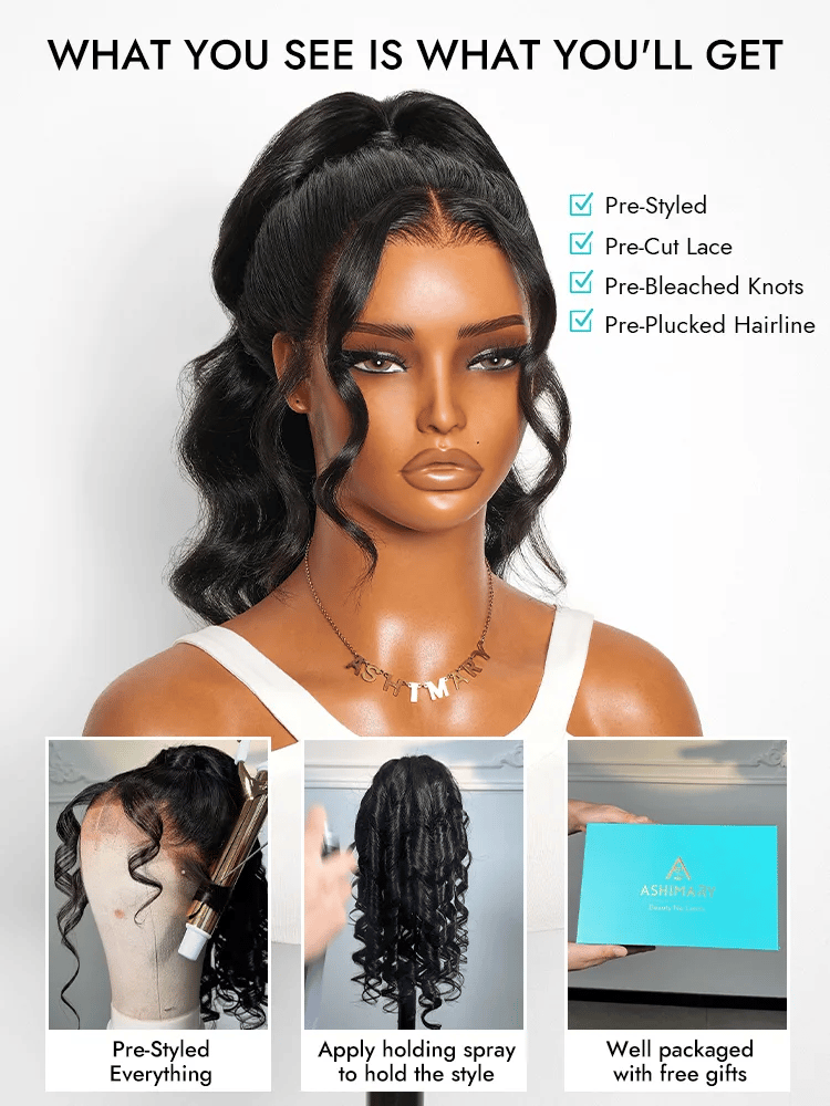 Pre-Styled Body Wave 360 Lace Front Wig Invisi Strap Face-Framing Salon Updo Hairstyles Human Hair