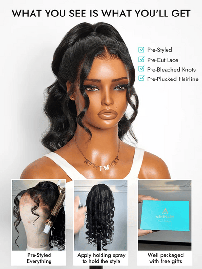 Pre-Styled Body Wave 360 Lace Front Wig Invisi Strap Face-Framing Salon Updo Hairstyles Human Hair